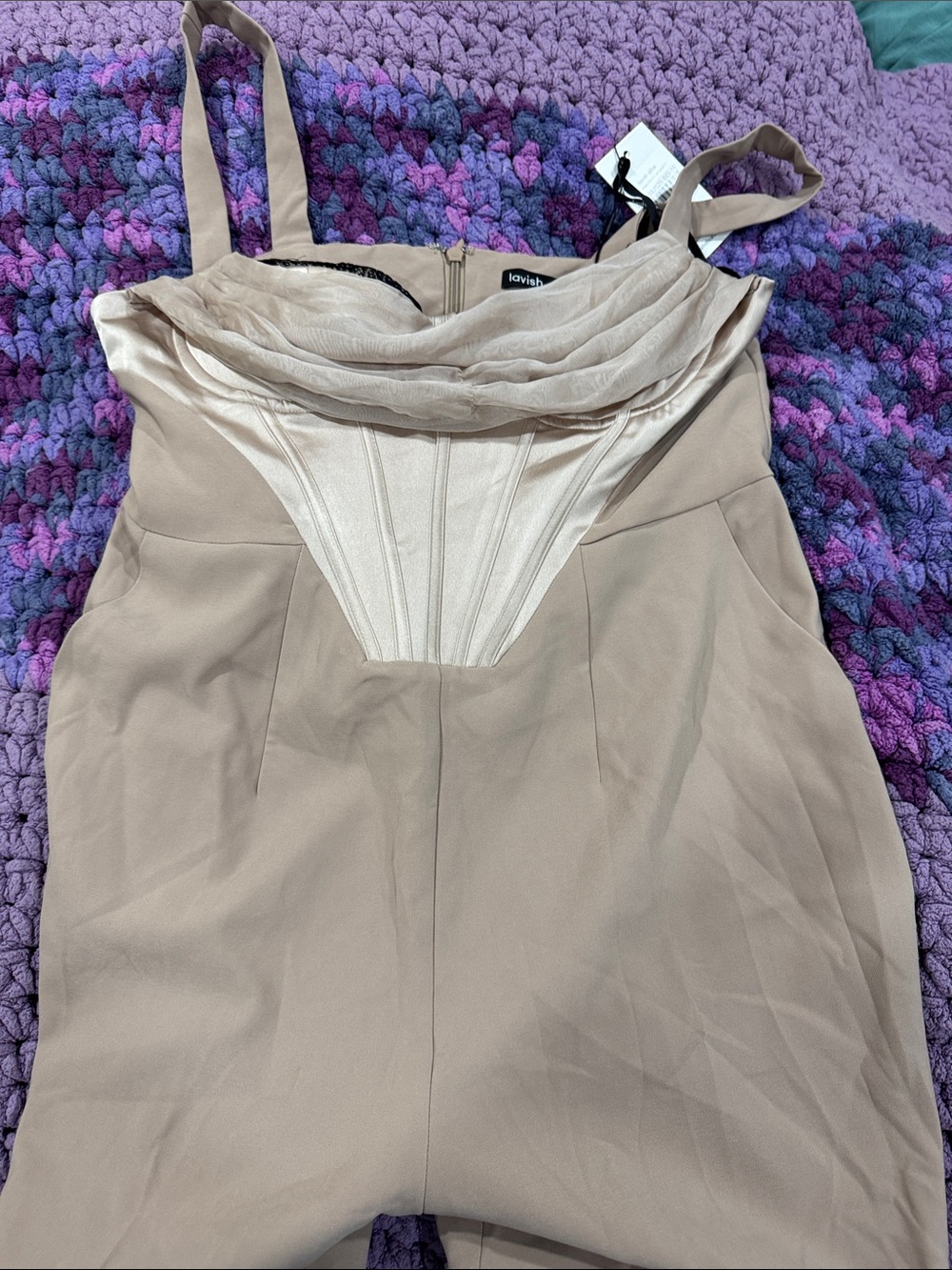 Lavish Beige Nude Draped Bodice Jumpsuit